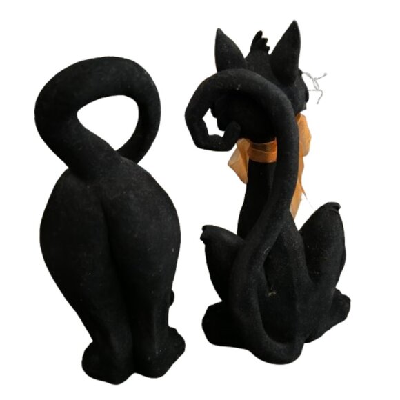 Set 2 Black Flocked Felt Whimsical Halloween Velvet Festive Cats Felines 9" Tall - Picture 2 of 5